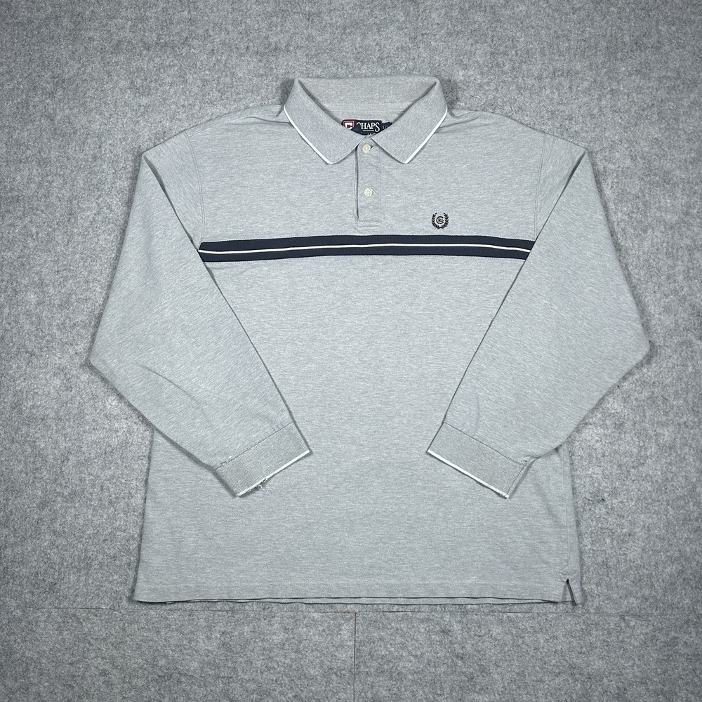 Chaps Ralph Lauren Polo Shirt Men's Size Large Grey Embroidered Logo Preppy Long
